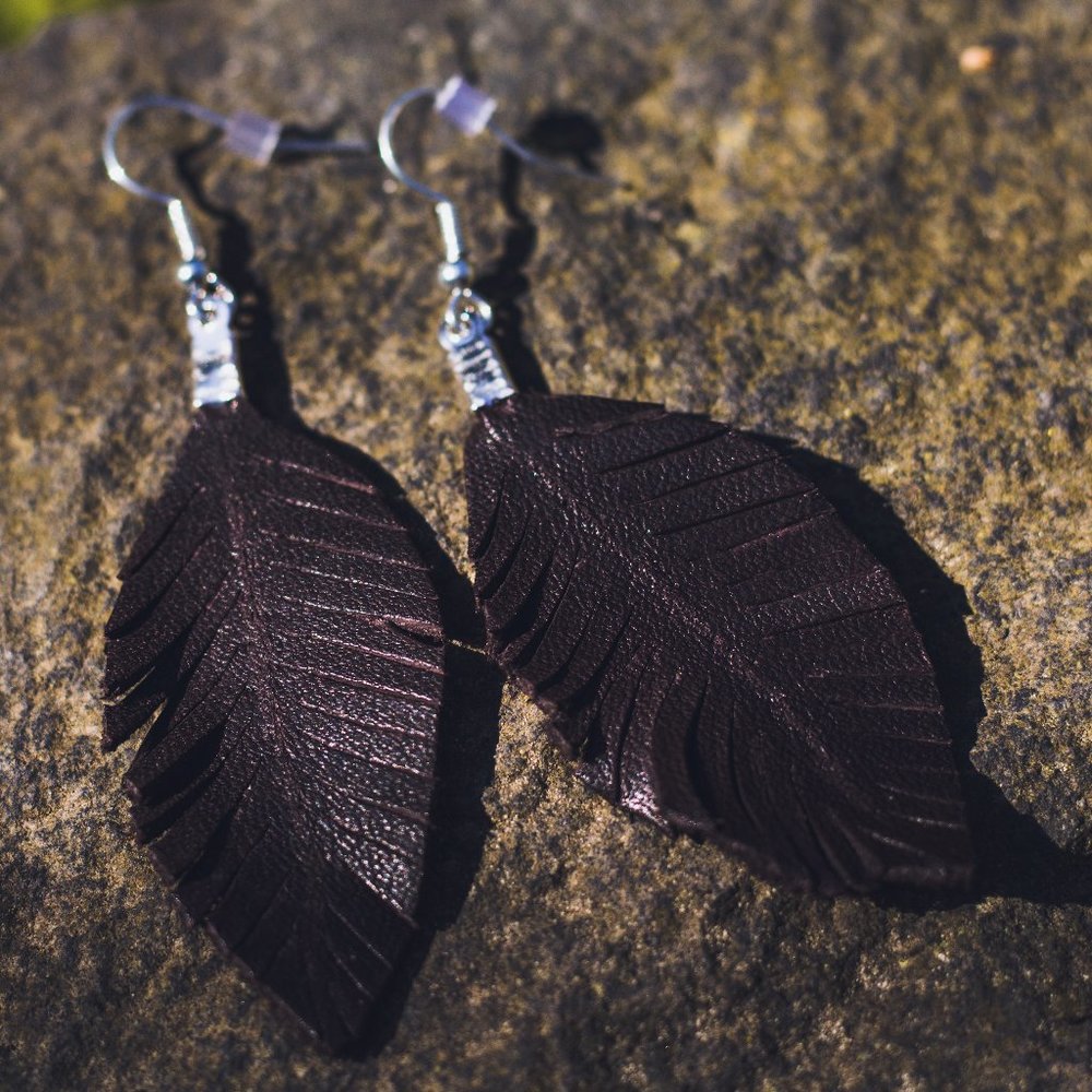 Genuine leather black feather earrings